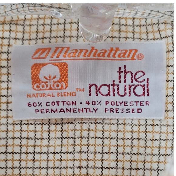Manhattan 70s Beige Brown Check Woven Shirt Retro Button‑Up Vintage Casual - Picture 4 of 14